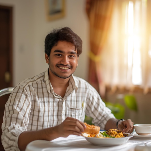 a man sitting at a table with a plate of food and a bowl of food