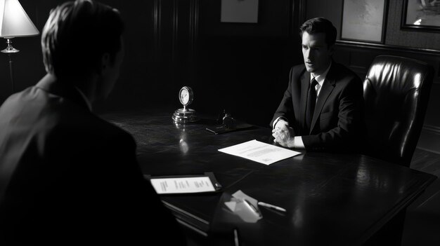 Photo a man sitting at a table with a sign that says  the name of the company