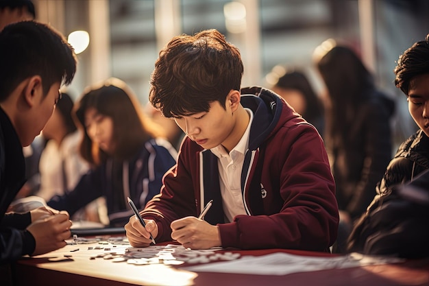 A man sitting at a table writing on a piece of paper