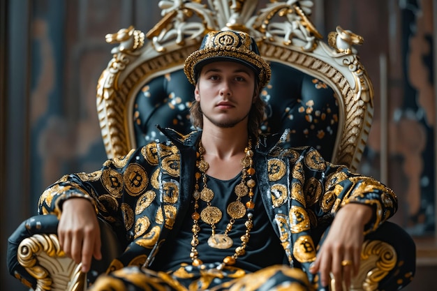 Photo a man sitting on a throne wearing a gold and black outfit