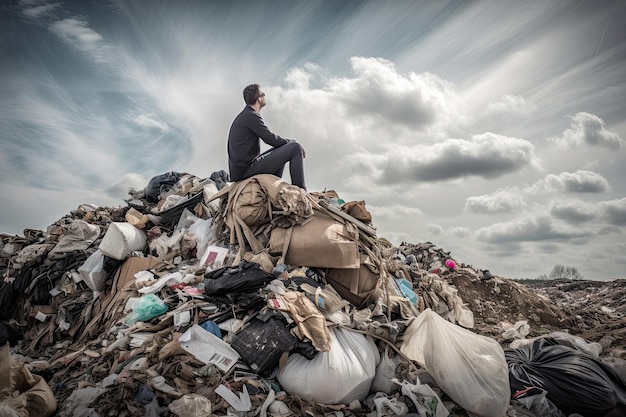 Man sitting on top of huge dump with a lot of plastic waste Environmental pollution Generative AI