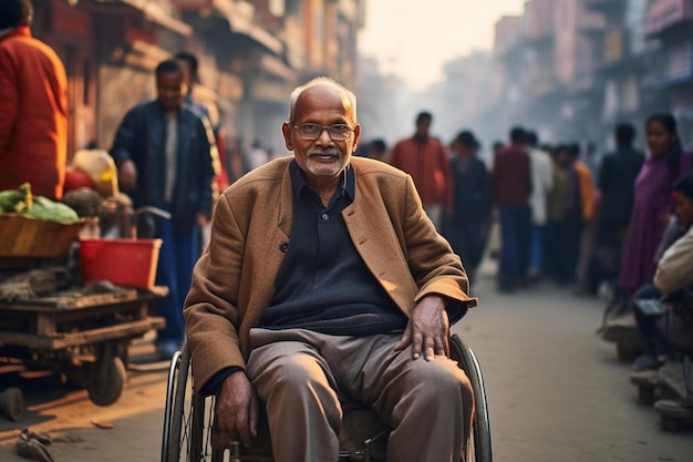 a man sitting in a wheel chair in a crowded street