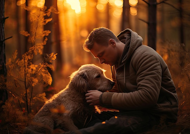 A man sitting in the woods with a dog