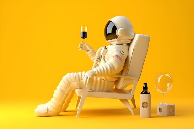 A man sitting in a yellow chair with a glass of wine and a bottle of wine