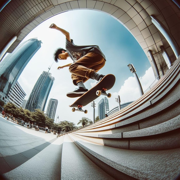 MAN ON SKATEBOARD IN THE CITY