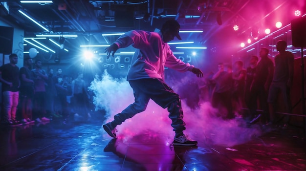 Photo a man on a skateboard is performing on a stage