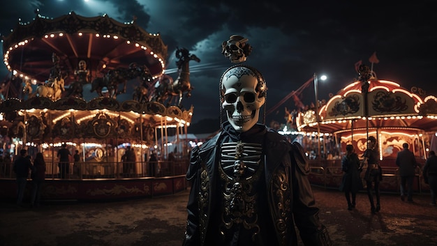 a man in a skeleton costume stands in front of a carnival ride