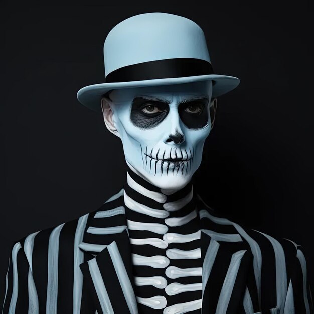 A man in a skeleton suit and top hat