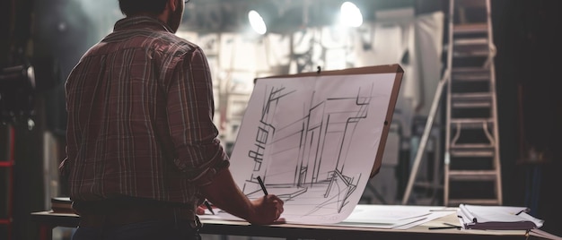 A man sketches a theater set design on a large blueprint surrounded by stage lights and scaffolding capturing the essence of backstage creativity