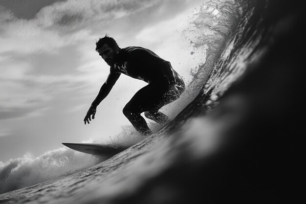 Photo a man skillfully rides an impressive wave silhouetted against a dramatic sky embodying the thrill of surfing and the beauty of nature at dusk