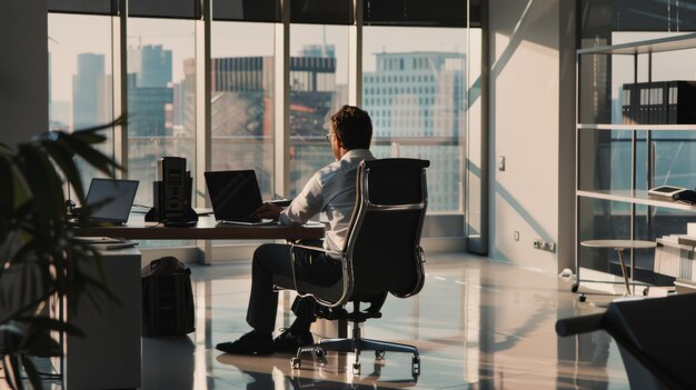 Photo a man in a sleek office chair gazing out over a cityscape from a modern office with floortoceiling windows contemplating future plans