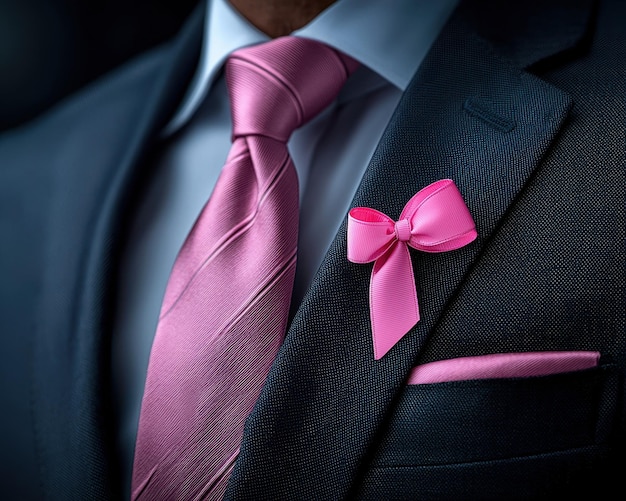 A man in a sleek suit with a pink bow tie and ribbon showcasing elegance and support