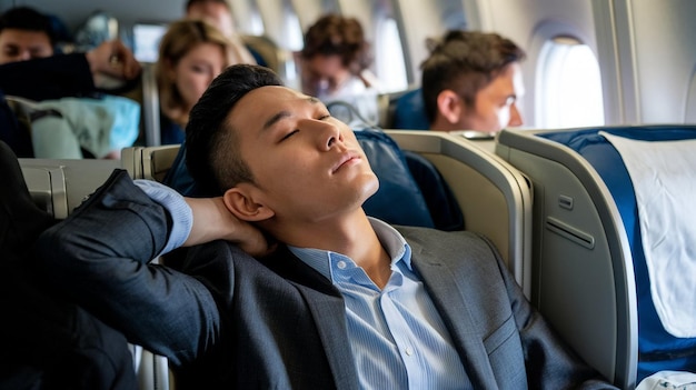 Photo a man sleeping on an airplane with his eyes closed