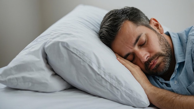 a man sleeping in a bed with a pillow that says sleeping