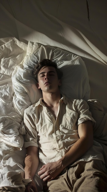 a man sleeping in a bed with a white sheet that says  he is sleeping