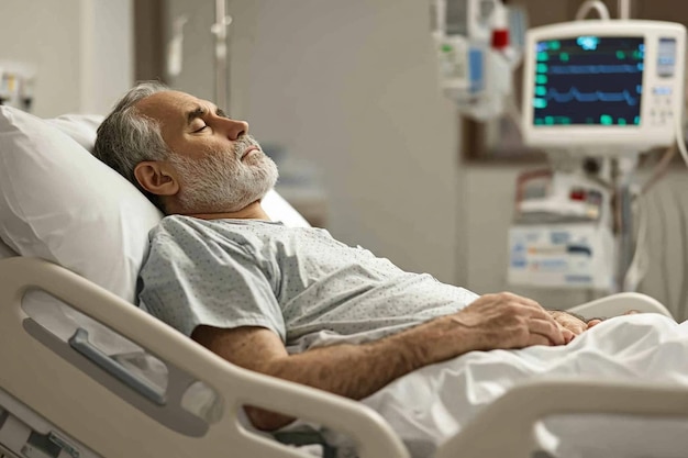 Photo a man sleeping in a hospital bed with the word hospital on the side