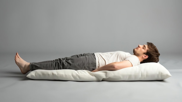 Man sleeping on a long white pillow