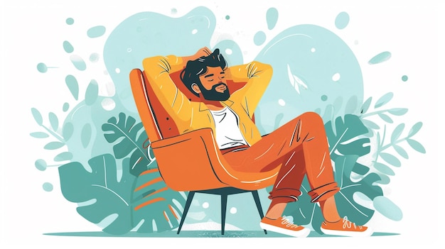 Photo a man sleeping in an orange chair with a plant in the background