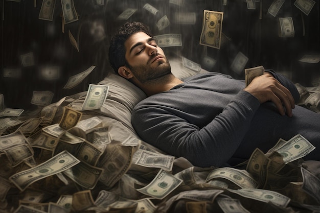 man sleeping in a pile of money Generative AI