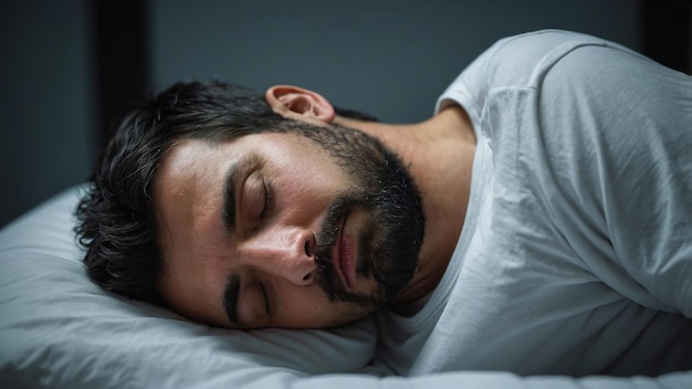 a man sleeping with his eyes closed and his eyes closed