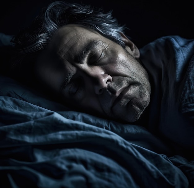 A man sleeps in bed with a blue sheet on his face.