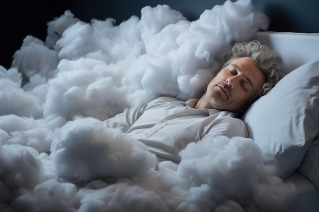 Man sleeps on a cloud like in the bed