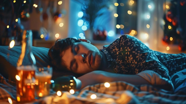 a man sleeps on a couch with a christmas tree in the background