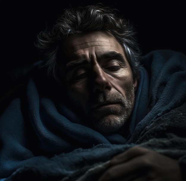 A man sleeps in a dark room with a blue blanket covering his eyes.