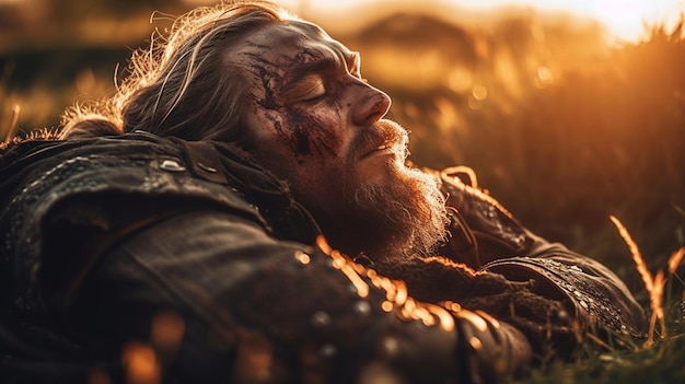 A man sleeps in a field with the sun shining on his face.