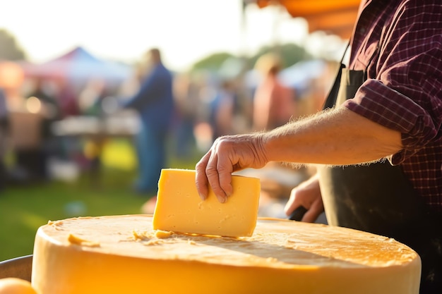 A man slicing a wheel of cheddar at a cheese festiva