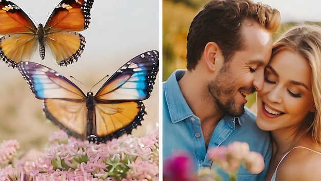 a man smiles as he kisses a butterfly on a flower