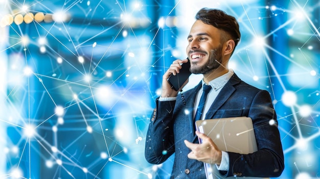 A Man Smiles During a Business Call in an Office With a Network Visualization