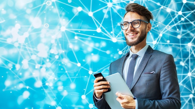 A Man Smiles During a Business Call in an Office With a Network Visualization