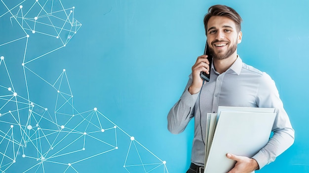 A Man Smiles During a Business Call in an Office With a Network Visualization