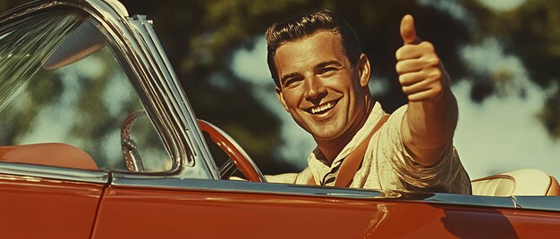 Photo a man smiles in a car with a banana in his hand