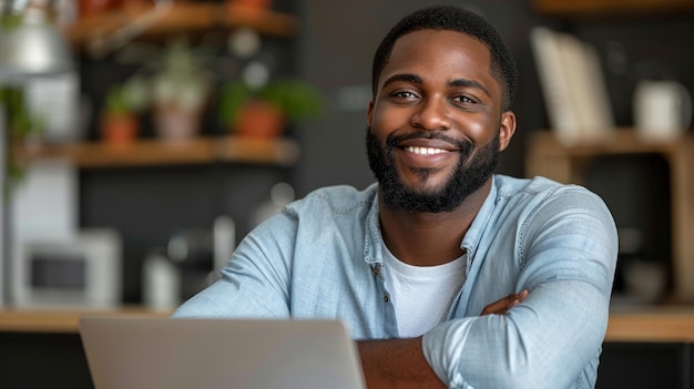 A man smiles confidently while working on his laptop in a cafe setting