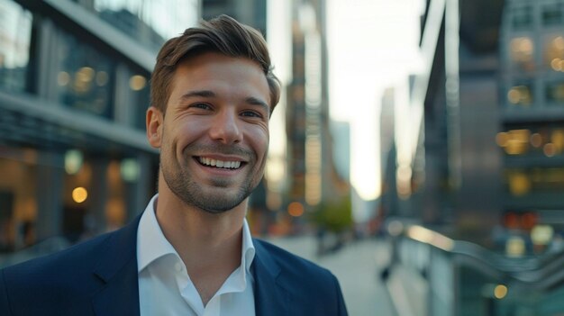 a man smiles in front of a building with a smile on his face