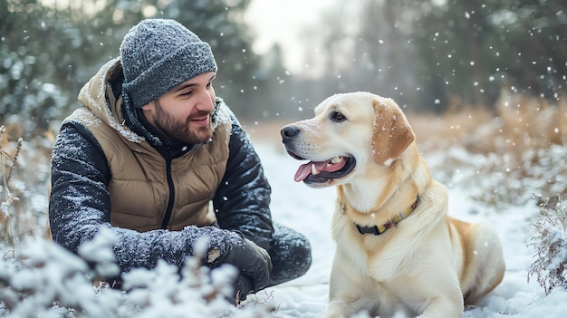 Photo a man smiles at his golden retriever while sitting in the snow