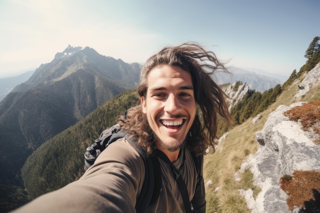 A man smiles on a mountain top.