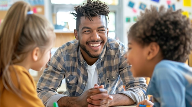 Man Smiles at Table With Two Children