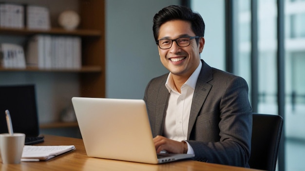 a man smiles while using a laptop with a window behind him