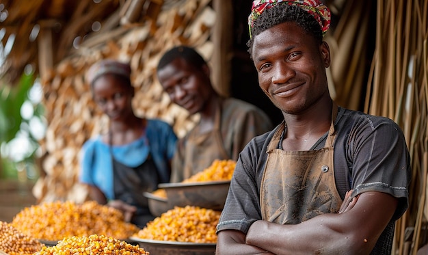 Photo a man smiles with his arms crossed in front of a pile of flowers