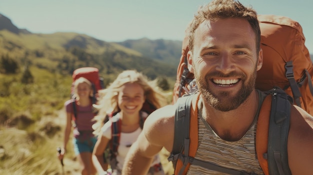 Photo a man smiles with his friends in the background