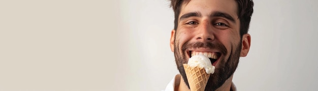 A man smiling as he enjoys a spoonful of creamy ice cream