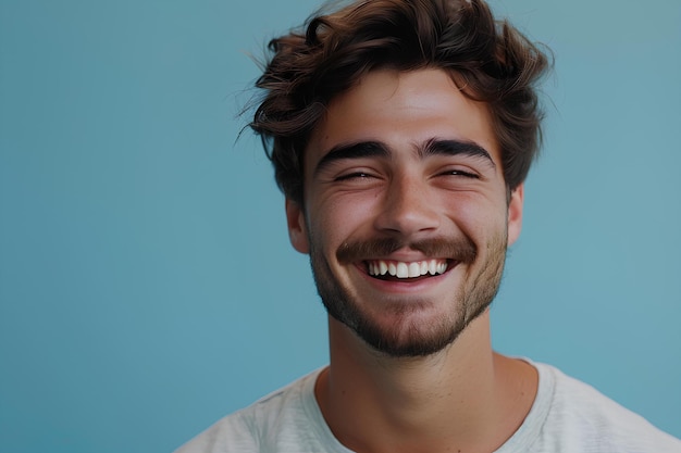 A man smiling in front of a blue wall