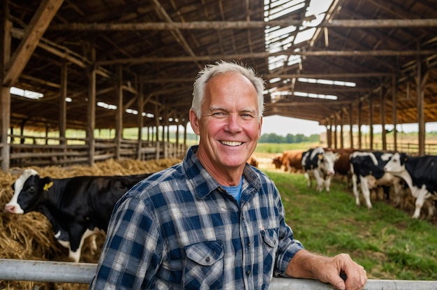 a man smiling in front of a herd of cows