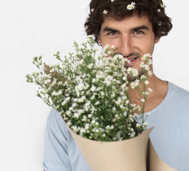 Man Smiling Happiness Flower Bouquet Portrait Concept