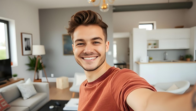 Photo a man smiling in a living room with a smile on his face