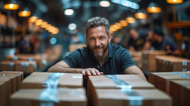 A man smiling in a warehouse with boxes