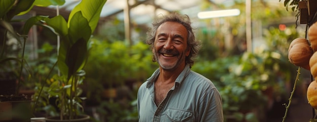 a man smiling while standing near rows of vegetables in the style of ecoarchitecture